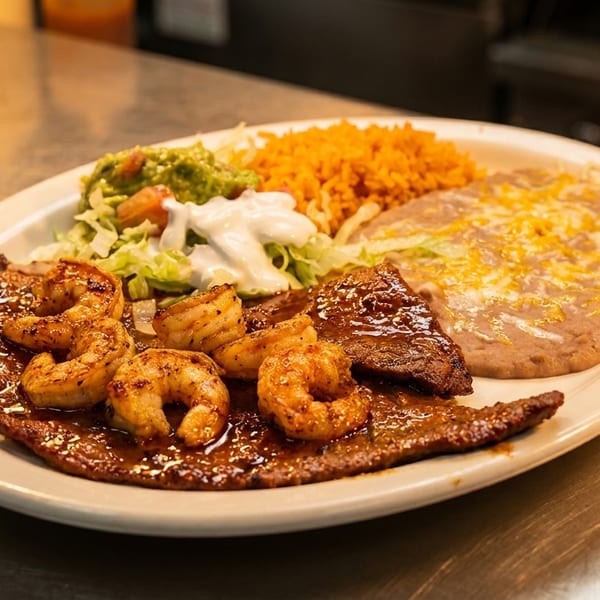 A plate of carne asada and shrimp with rice, refried beans, guacamole, and sour cream.