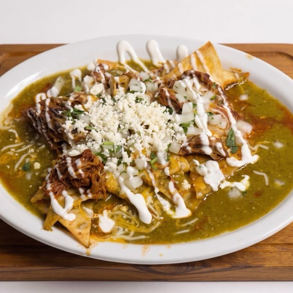 Chilaquiles with green sauce, shredded meat, cheese, onions, and sour cream on a white plate.