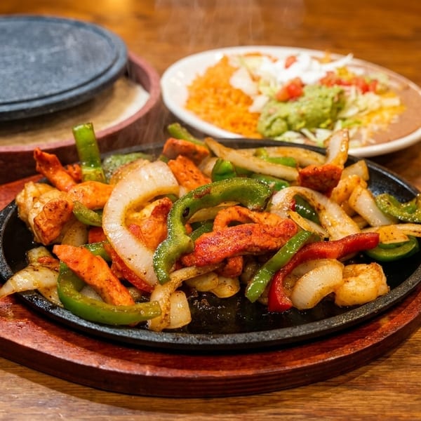 Sizzling fajitas with chicken, shrimp, peppers, and onions, alongside rice, beans, and guacamole.