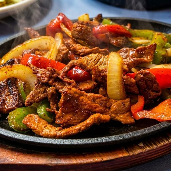 Sizzling beef fajitas with red and green bell peppers and onions on a cast iron skillet.