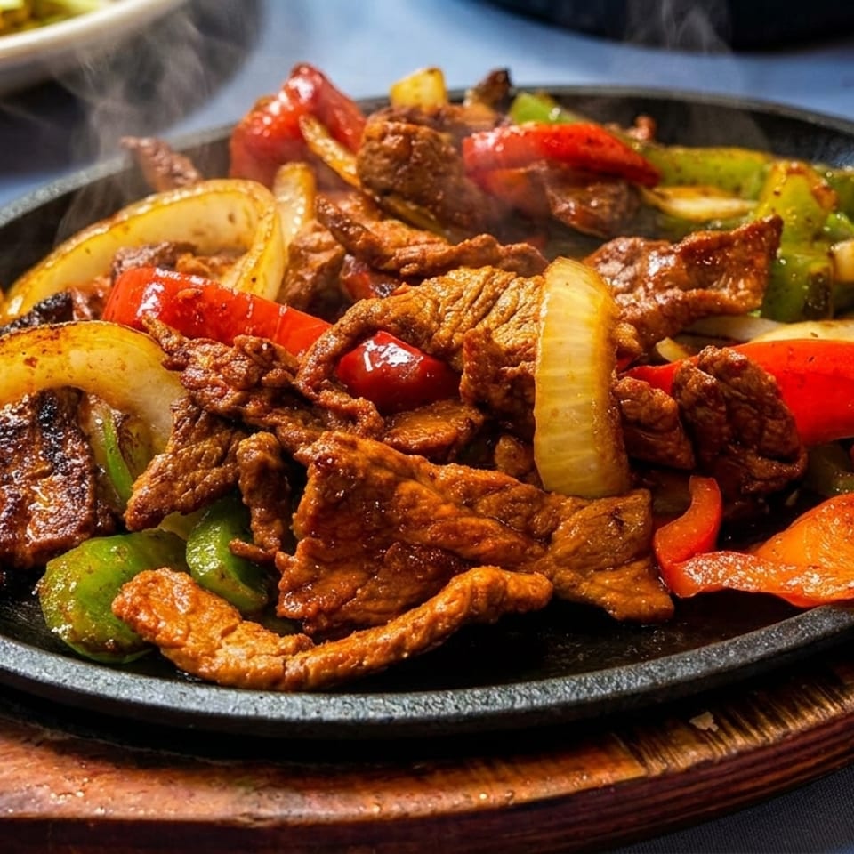 Sizzling beef fajitas with colorful bell peppers and onions on a cast iron skillet.