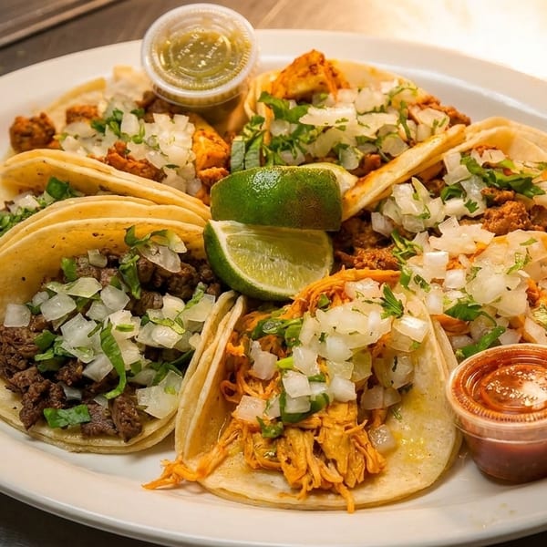A white plate filled with various tacos, garnished with onions, cilantro, limes, and salsa.