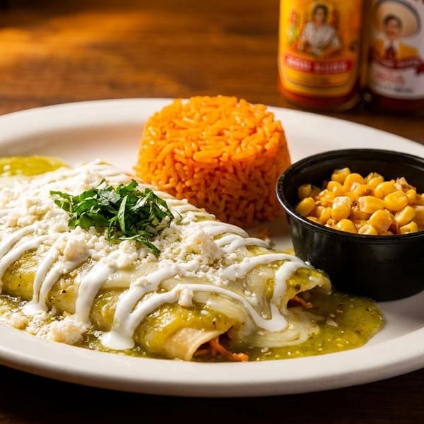 Two enchiladas verde with rice and corn on a white plate, with hot sauce bottles in the background.