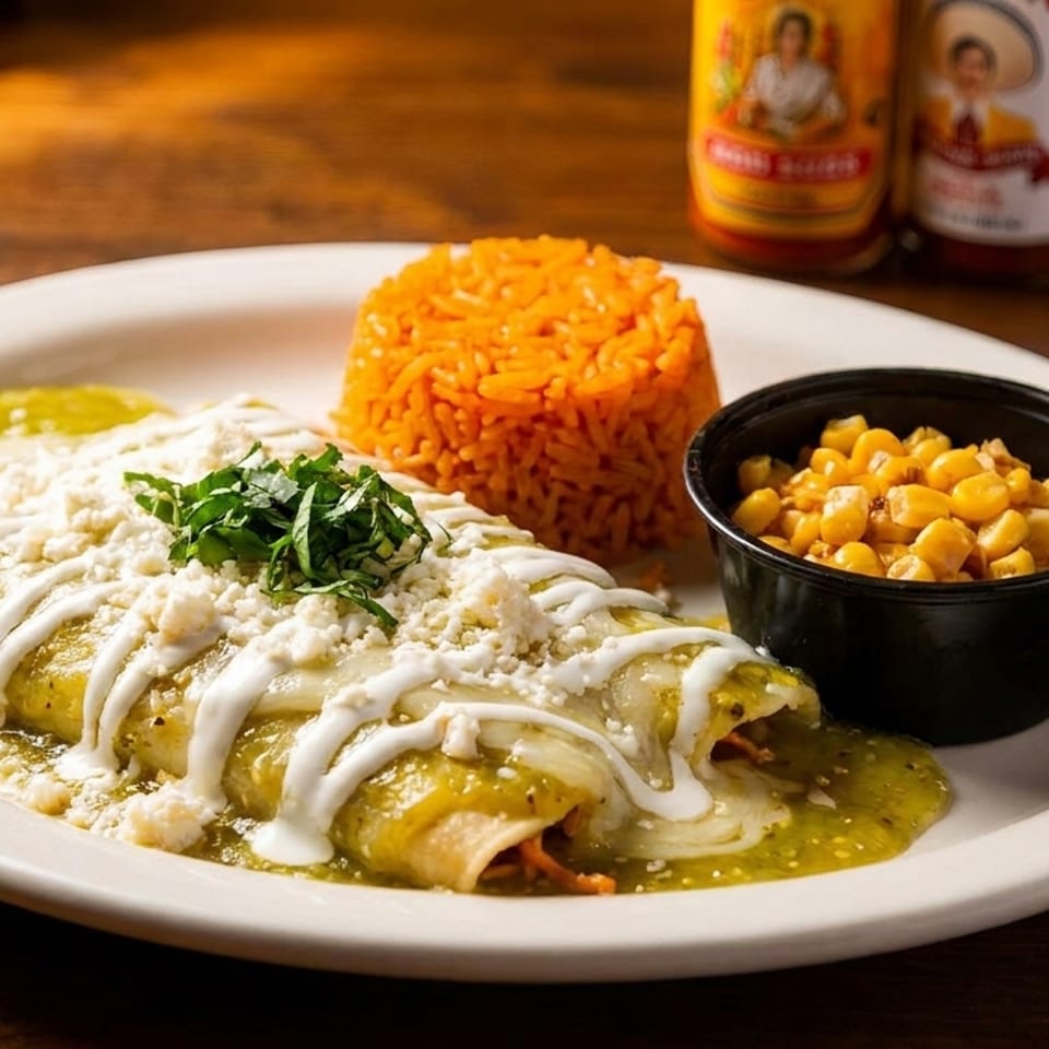 Two green enchiladas with rice and corn on a white plate, with hot sauce bottles in the background.