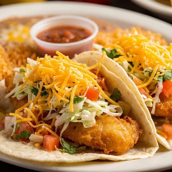 Two fish tacos with shredded cheese, lettuce, and tomatoes, served with rice, beans, and salsa.