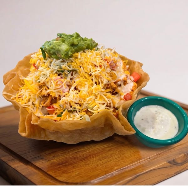 Taco salad in a crispy tortilla bowl, topped with guacamole, cheese, and a side of ranch.